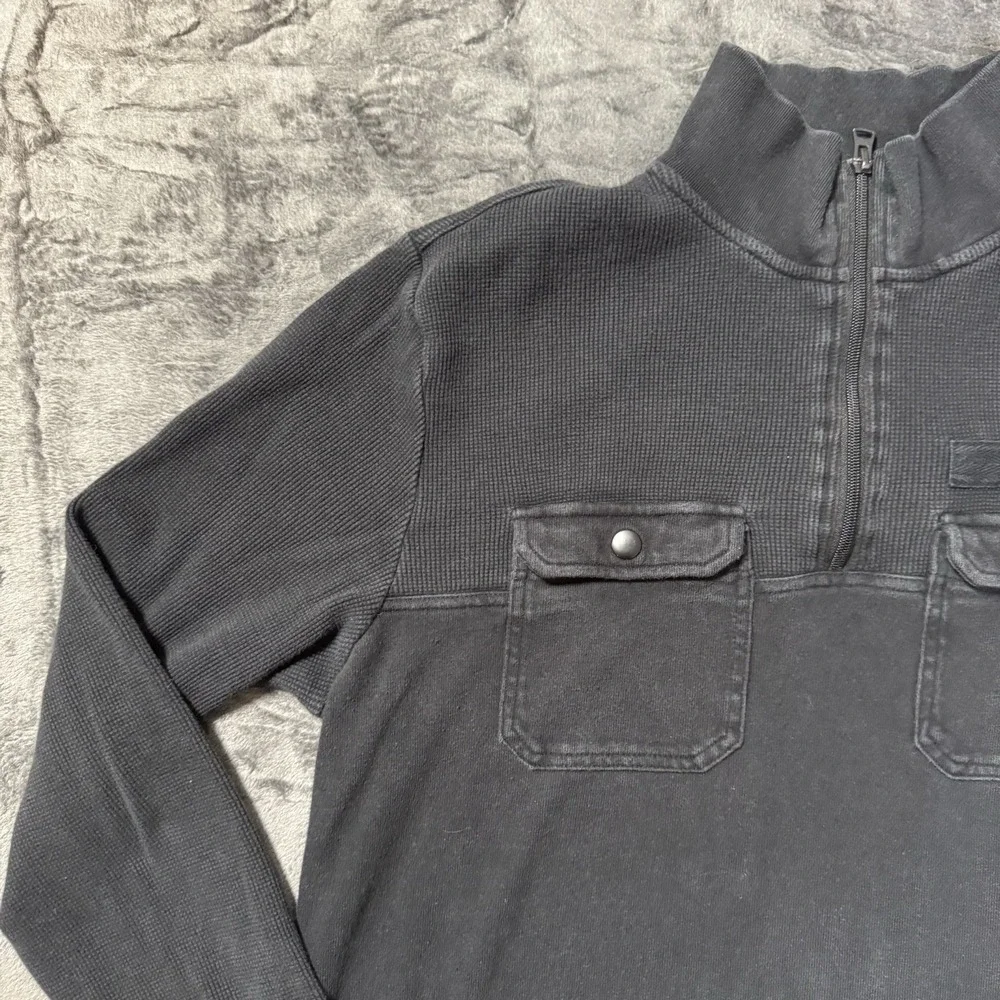 Banana Republic Mens L Black Quarter Zip Pullover Utility Pocket Waffle Knit